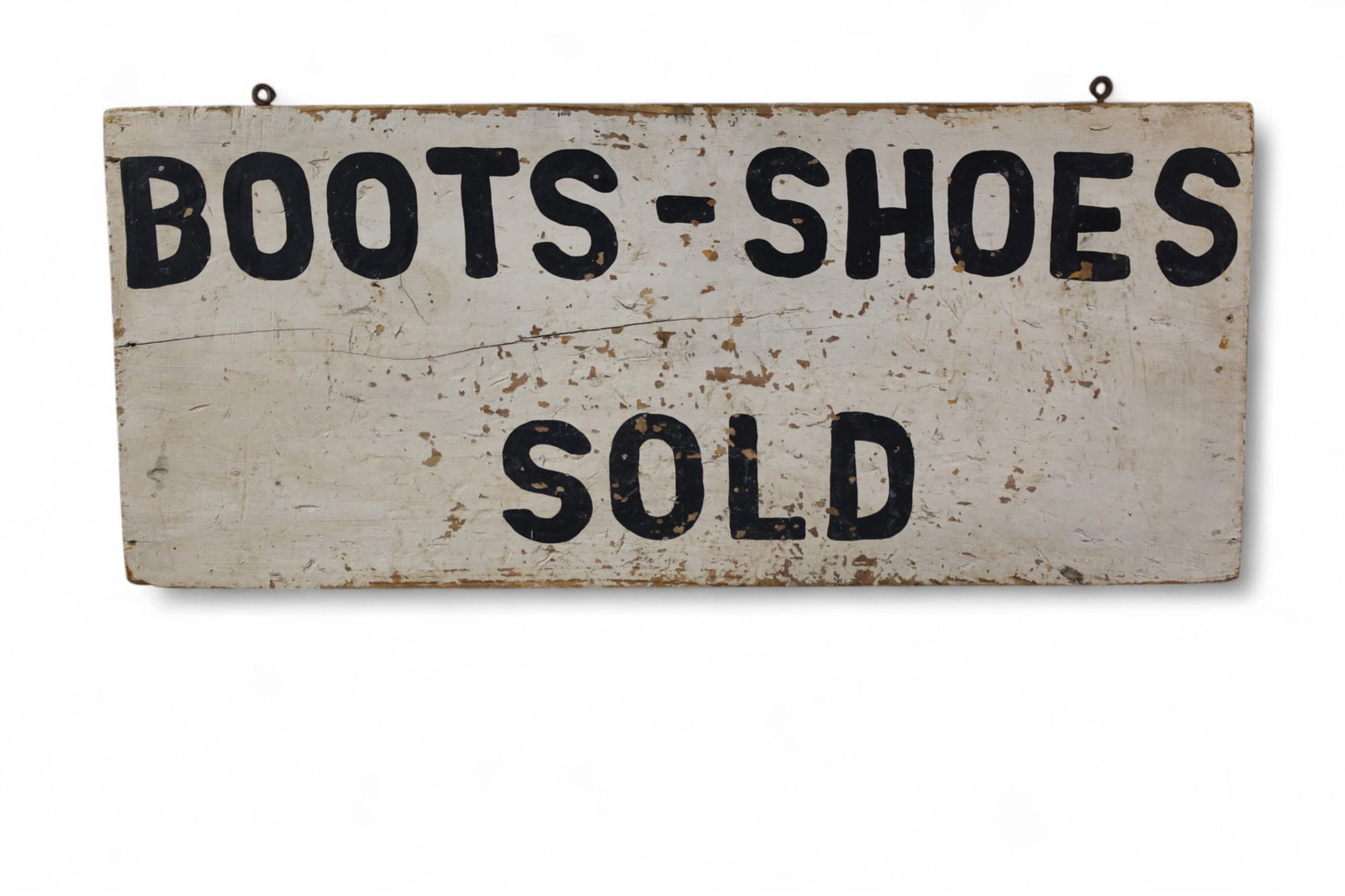 BOOT & SHOE WOOD SIGN: PAINTED WOOD SIGN, BOOT AND SHOE SOLD HERE. 12" x 27"