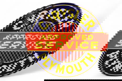 CHRYSLER PLYMOUTH APPROVED SERVICE PORCELAIN SIGN: RATED 7 & 5.5, 45" x 42" , THE DSP DIECUT SIGN HAS GOOD COLOR AND GLOSS, DISPLAY HAS CHIPS IN THE FIELD AND AROUND THE PERIMETER, HAS CREASE AT 10 O'CLOCK, REVERSE HAS LARGER CREASE THAT RUNS INTO THE