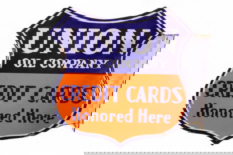 UNION OIL COMPANY CREDIT CARDS HONORED HERE SIGN: RATED 9, 12 1/2" x 12", THE DIECUT PORCELAIN FLANGE SIGN HAS GOOD COLOR AND GLOSS, FIELD IS CLEAN, HAS CHIPS AROUND THE PERIMETER. TAC #058964