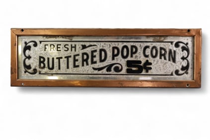 FRAMED ANTIQUE MIRRORED POPCORN SIGN
