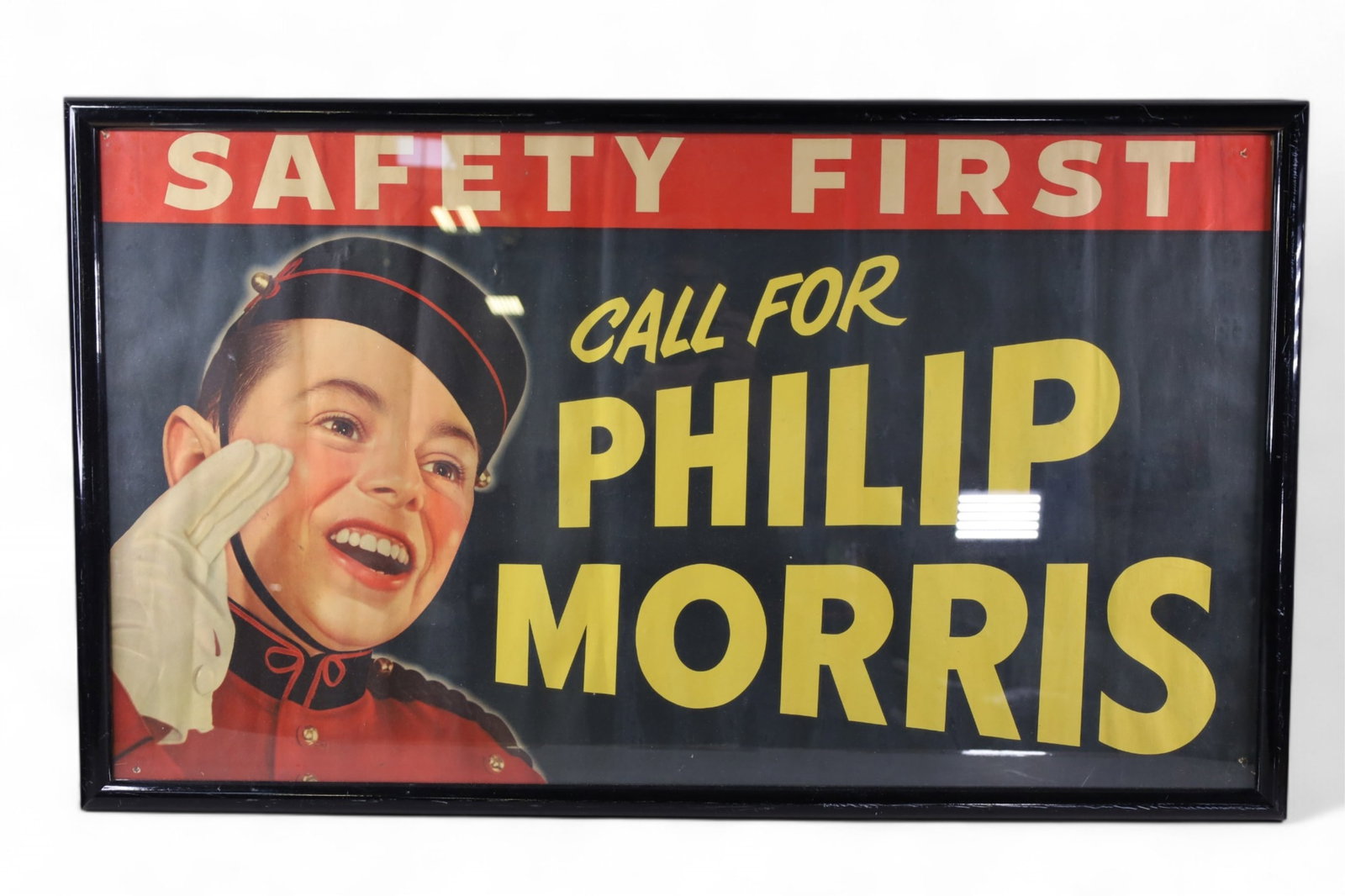 PHILLIP MORRIS POSTER: PIN HOLES IN CORNERS, FRAMED PHILLIP MORRIS POSTER, CREASES. 42" x 25"