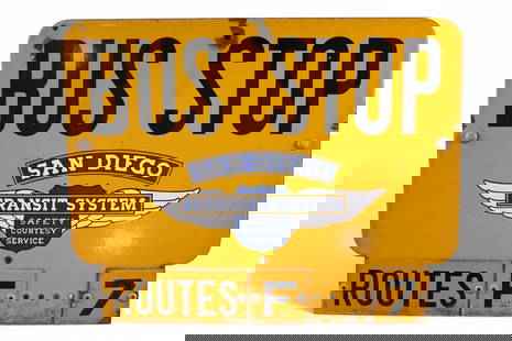 SAN DIEGO BUS STOP PORCELAIN SIGN: SSP SAN DIEGO TRANSIT SYSTEM BUS STOP PORCELAIN SIGN, MINOR CHIPS. 16" x 13"
