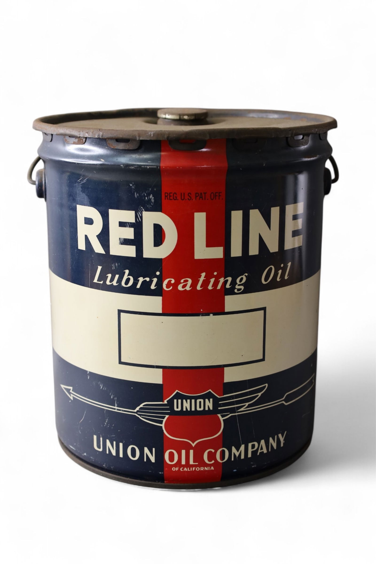 UNION REDLINE 5 GALLON OIL CAN: 5 GALLON UNION REDLINE OIL CAN, WITH LID. 12" DIAM x 13" H.