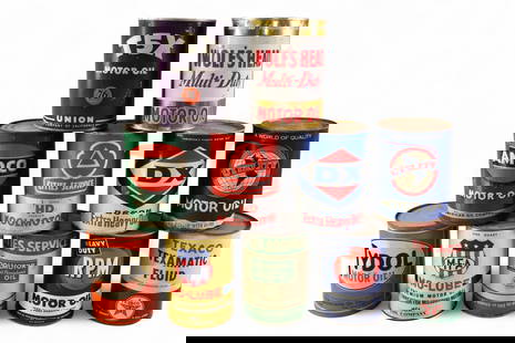11 1 QUART OIL CANS: 11 MISC OIL CANS, RPM, TYDOL, CITIES SERVICES, TEXACO AND MORE.