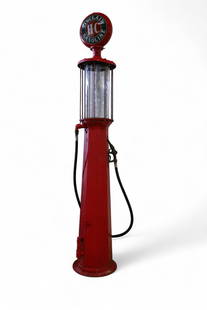 WAYNE VISIBLE GAS PUMP: LARGE CYLINDER WAYNE VISIBLE GAS PUMP, AFTERMARKET PLASTIC GLOBE, REPAINTED.