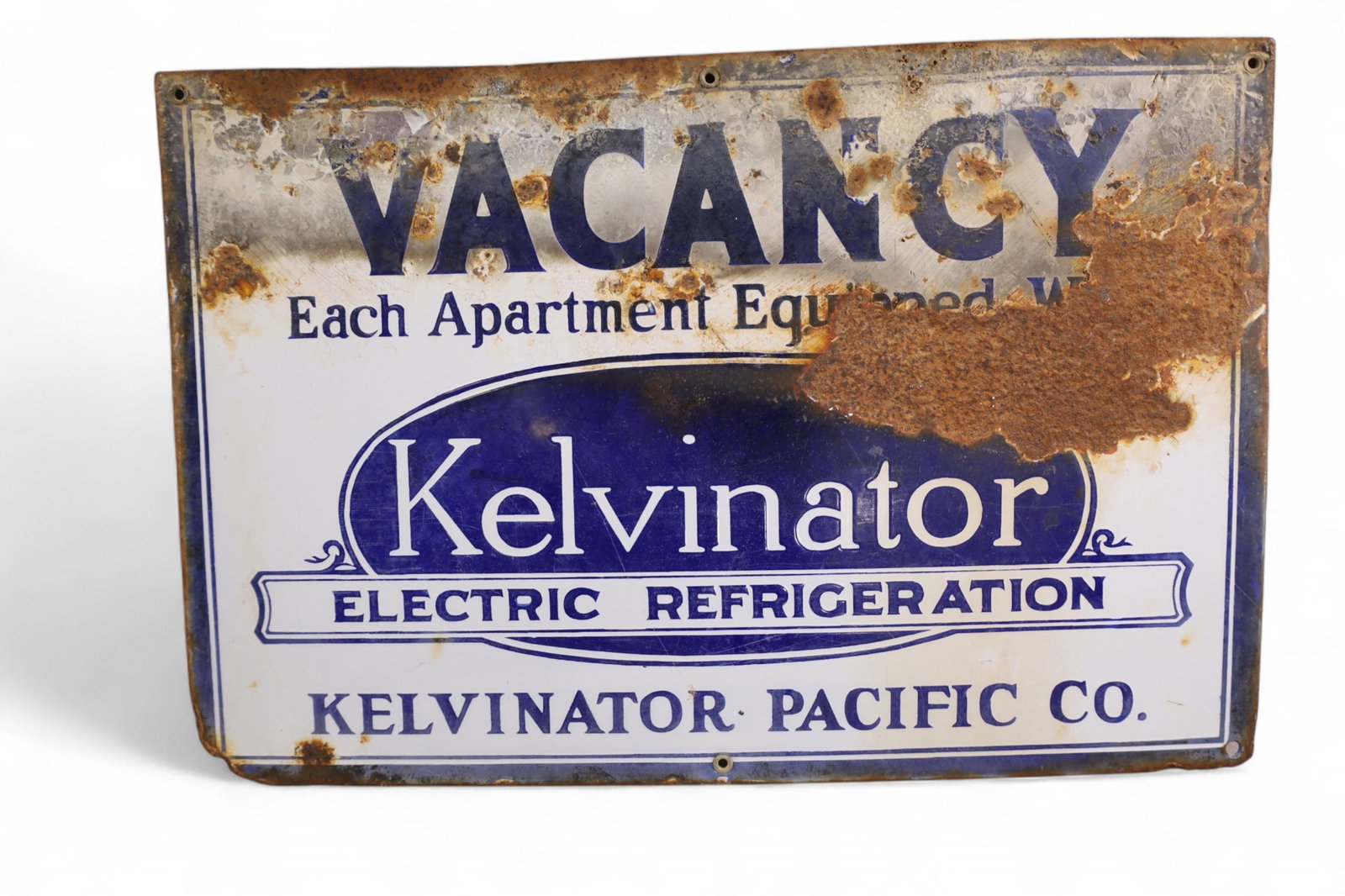 KELVINATOR VACANCY PORCELAIN SIGN: SSP KELVINATOR ELECTRIC REFRIGERATION SIGN, CHIPS, RUST, LOSS TO SIGN. 18" x 12"