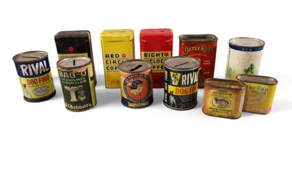 COLLECTION OF 11 TIN ADVERTISING BANKS