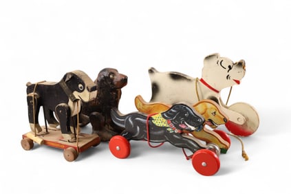 4 WOODEN DOG PULL TOYS