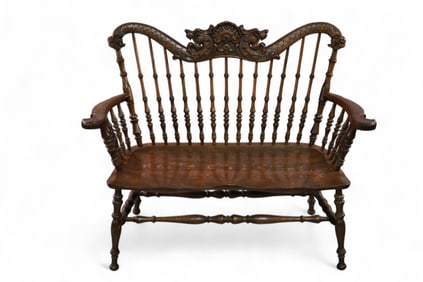 CARVED AM. OAK HALL BENCH