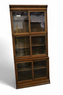 OAK 3 STACK DANNER BOOKCASE: AMERICAN OAK SLIDING DOOR DANNER BOOKCASE WITH INTERIOR SHELVES. 37" W x 15" D x 83" H. THIS ITEM EXCEEDS SIZE OR WEIGHT LIMITATIONS FOR IN HOUSE SHIPPING, MUST BE PICKED UP IN HOUSE OR SHIPPED VIA 3r