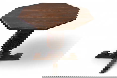 CARVED LAMP TABLE: OCTAGON TOP LOS ANGELES FURNITURE CO, SUSSEX CARVED LAMP TABLE. MARKED WITH LABEL ON UNDERSIDE, MINOR WEAR TO FINISH. 32" W x 27" H. THIS ITEM EXCEEDS SIZE OR WEIGHT LIMITATIONS FOR IN HOUSE SHIPPING,