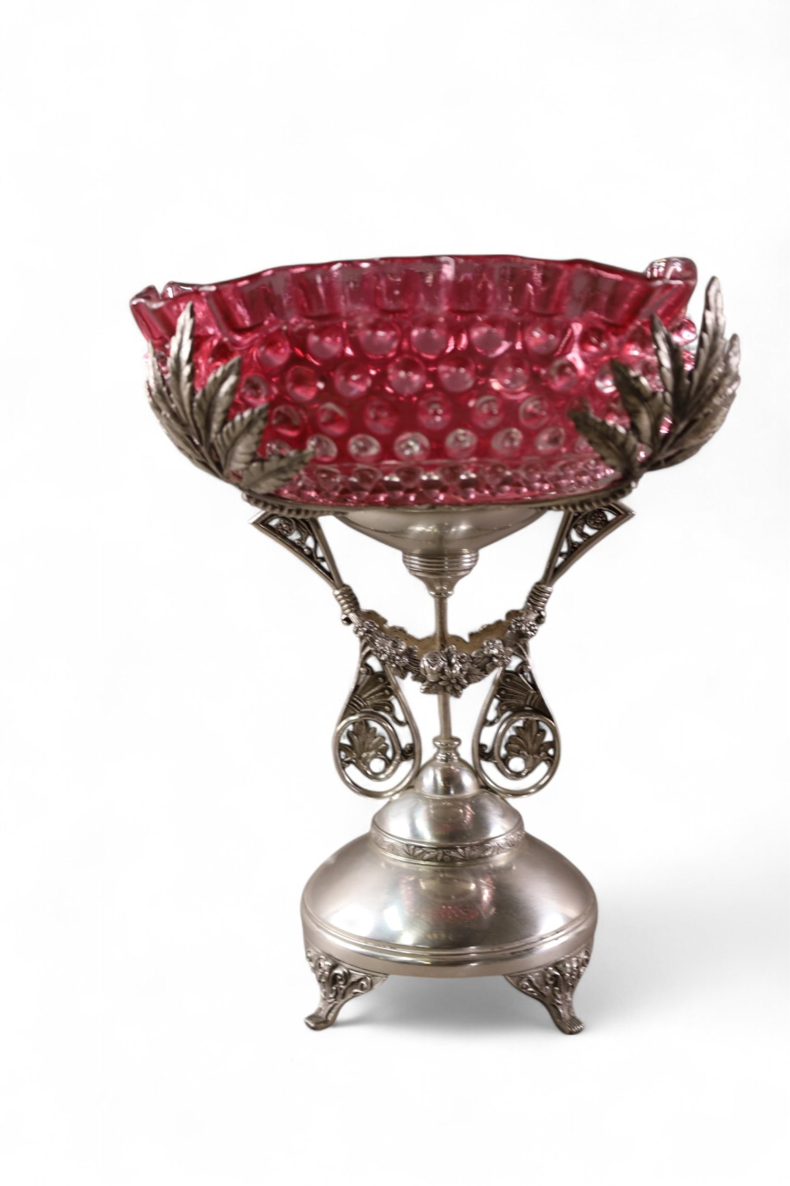 VICTORIAN CENTER BOWL: CRANBERRY HOBNAIL CENTER BOWL IN SILVERPLATED STAND, MARKED PELTON BROTHERS. 7 1/2" W x 12" H.