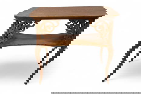 FANCY AMERICAN OAK LAMP TABLE: AMERICAN OAK TWO TIER LAMP TABLE, AGE SPLIT TO TOP 33 1/2" L x 21 1/2" D x 30" H. THIS ITEM EXCEEDS SIZE OR WEIGHT LIMITATIONS FOR IN HOUSE SHIPPING, MUST BE PICKED UP IN HOUSE OR SHIPPED VIA 3rd PART