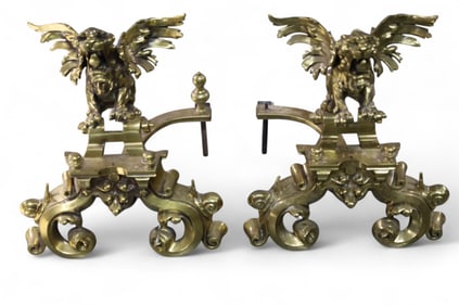 PAIR OF BRONZE DRAGON ANDIRONS