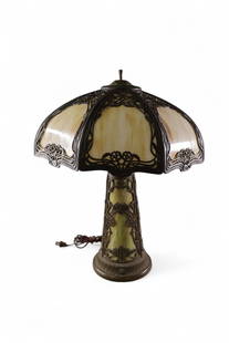 1920'S SLAG GLASS TABLE LAMP: CARMEL SLAG GLASS TABLE, GREEN SLAG GLASS WITH FILIGREE. 18 1/2" DIAM x 26" H.