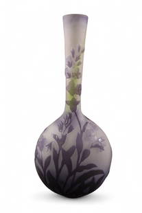 GALLE CAMEO GLASS BUD VASE: FLORAL DECORATED 3 COLOR BUD VASE, SIGNED GALLE. 6 1/2" H