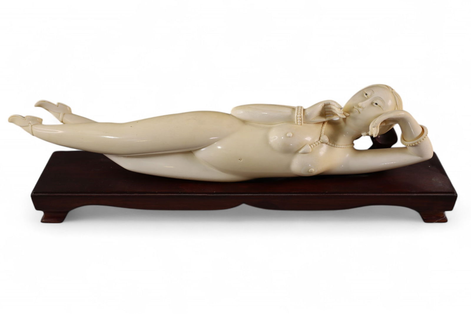 LARGE CHINESE DOCTOR'S LADY: LARGE BONE CARVED CHINESE DOCTORS LADY ON WOODEN BASE, 16" L.