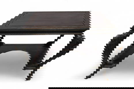 CHINESE HARDWOOD DESK: LARGE CARVED CHINESE HARDWOOD DESK, WEAR TO FINISH, LOOSE AT JOINTS. 48" W x 36" D x 29" H. THIS ITEM EXCEEDS SIZE OR WEIGHT LIMITATIONS FOR IN HOUSE SHIPPING, MUST BE PICKED UP IN HOUSE OR SHIPPED VI