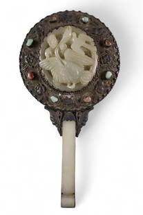 CHINESE HAND MIRROR: CHINESE JADE AND SILVER HAND MIRROR WITH STONE APPLIED DECORATION. 9" L