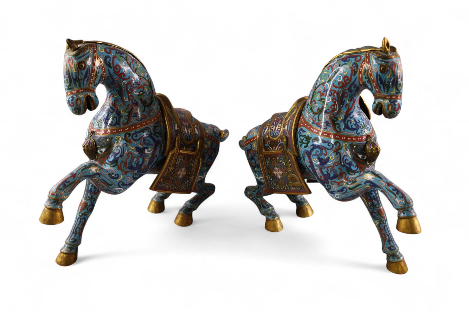 PAIR OF LARGE CLOISONNE HORSES: PAIR OF LARGE CLOISONNE HORSES, REARING TANG HORSES. 20" L x 17" H.