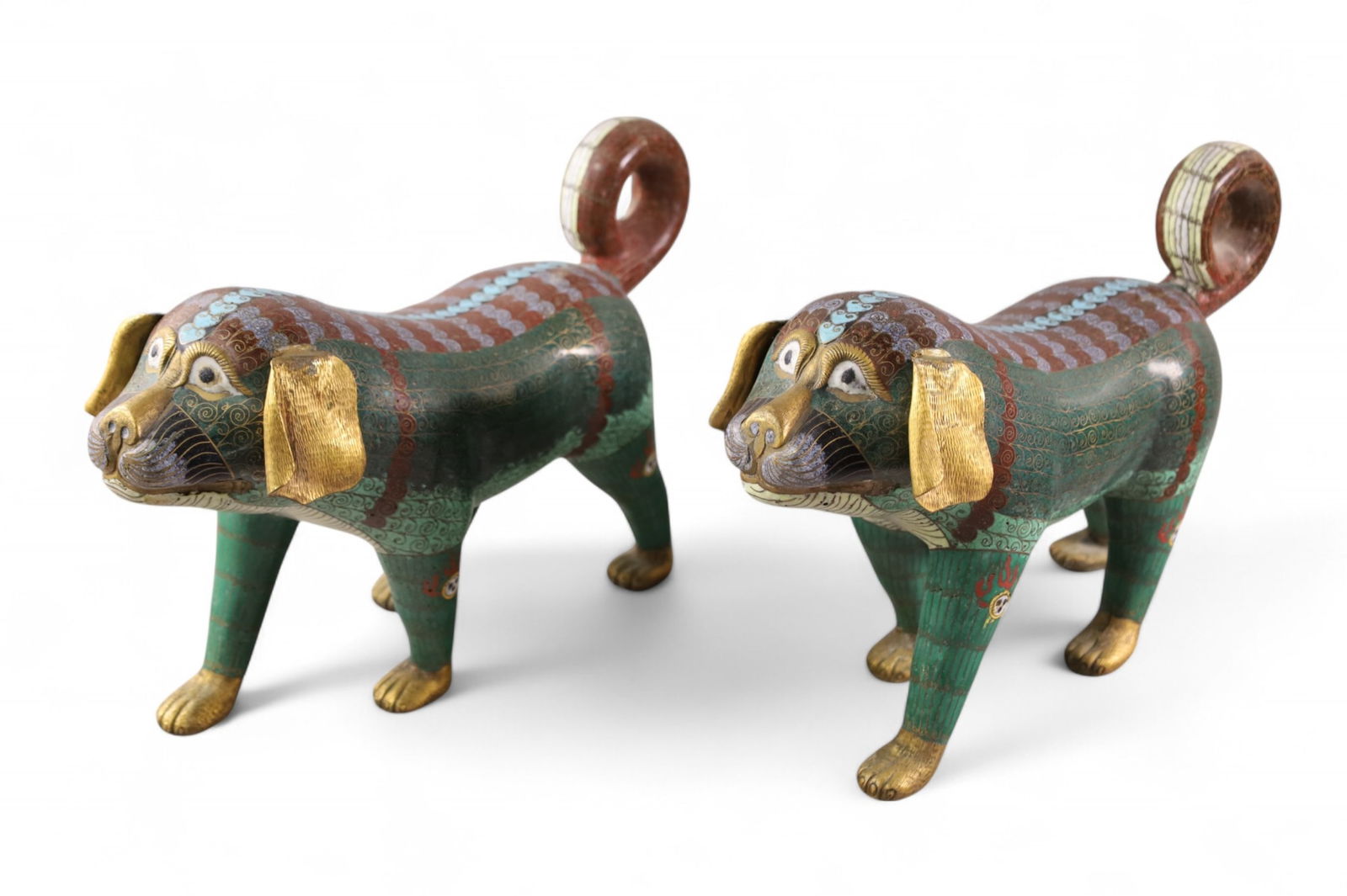 PAIR OF CLOISONNE DOGS: PAIR OF LARGE CLOISONNE DOGS, 16" L x 10" H.