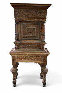 RENAISSANCE REVIVAL CABINET (AS IS): HIGHLY CARVED RENAISSANCE REVIVAL CABINET, FIGURAL CARVED, MISSING MOULDING AND CHIPS TO CARVING. 31" W x 18" D x 65" H. THIS ITEM EXCEEDS SIZE OR WEIGHT LIMITATIONS FOR IN HOUSE SHIPPING, MUST BE PIC