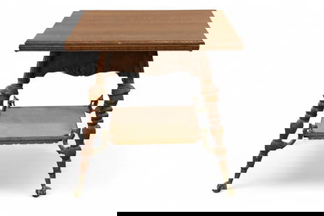 AMERICAN OAK LAMP TABLE: TWO TIER AMERICAN OAK LAMP TABLE, BALL AND CLAW. METAL GRIFFIN BRACKETS. MINOR WEAR TO FINISH. 30" X 30" x 29 1/2" H. THIS ITEM EXCEEDS SIZE OR WEIGHT LIMITATIONS FOR IN HOUSE SHIPPING, MUST BE PICKED