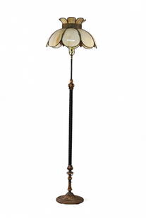IRON BASE SLAG GLASS FLOOR LAMP: LARGE CARMEL SLAG GLASS FLOOR LAMP, 70" H. THIS ITEM EXCEEDS SIZE OR WEIGHT LIMITATIONS FOR IN HOUSE SHIPPING, MUST BE PICKED UP IN HOUSE OR SHIPPED VIA 3rd PARTY SHIPPER.