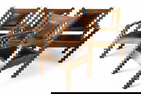 4 ARTS & CRAFTS BILLIARDS CHAIRS: 4 MISSION OAK ARTS & CRAFTS BILLIARDS CHAIRS, WITH BRASS CUE HOLDER ON SIDES. 2 SEATS HAVE BEEN REPLACED. 27" W x 22" D x 40" H. THIS ITEM EXCEEDS SIZE OR WEIGHT LIMITATIONS FOR IN HOUSE SHIPPING, MUS