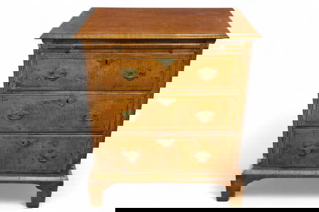 EARLY CHIPPENDALE STYLE 3 DRAWER CHEST: 19TH CENTURY INLAID 3 DRAWER CHIPPENDALE CHEST, ORIGINAL HARDWARE, UPPER PULL OUT TRAY. 28" W x 19" D x 33" H. THIS ITEM EXCEEDS SIZE OR WEIGHT LIMITATIONS FOR IN HOUSE SHIPPING, MUST BE PICKED UP IN
