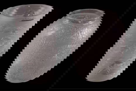 2 LALIQUE VASES: FROSTED CRYSTAL LALIQUE HORSE DECORATED VASES. SIGNED LALIQUE FRANCE. 7" H.
