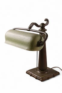 HANDEL STUDENT LAMP: HANDEL STUDENT TABLE TOP LAMP, SHADE IS SIGNED. No 6897 ON BASE. 10" W x 14" H.