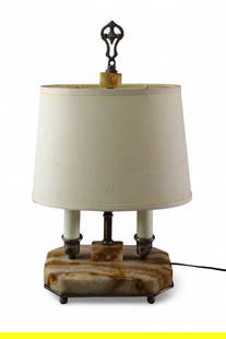 1930'S MARBLE & METAL TABLE LAMP: DOUBLE SOCKET, MARBLE AND METAL TABLE LAMP. BASE IS LOOSE. 12" W x 21" H.
