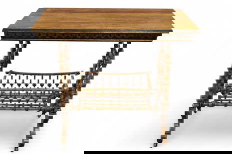 AMERICAN OAK STICK & BALL LAMP TABLE: AMERICAN OAK STICK AND BALL LAMP TABLE, LOWER SHELF. 36" L x 24" W x 31" H. THIS ITEM EXCEEDS SIZE OR WEIGHT LIMITATIONS FOR IN HOUSE SHIPPING, MUST BE PICKED UP IN HOUSE OR SHIPPED VIA 3rd PARTY SHIP