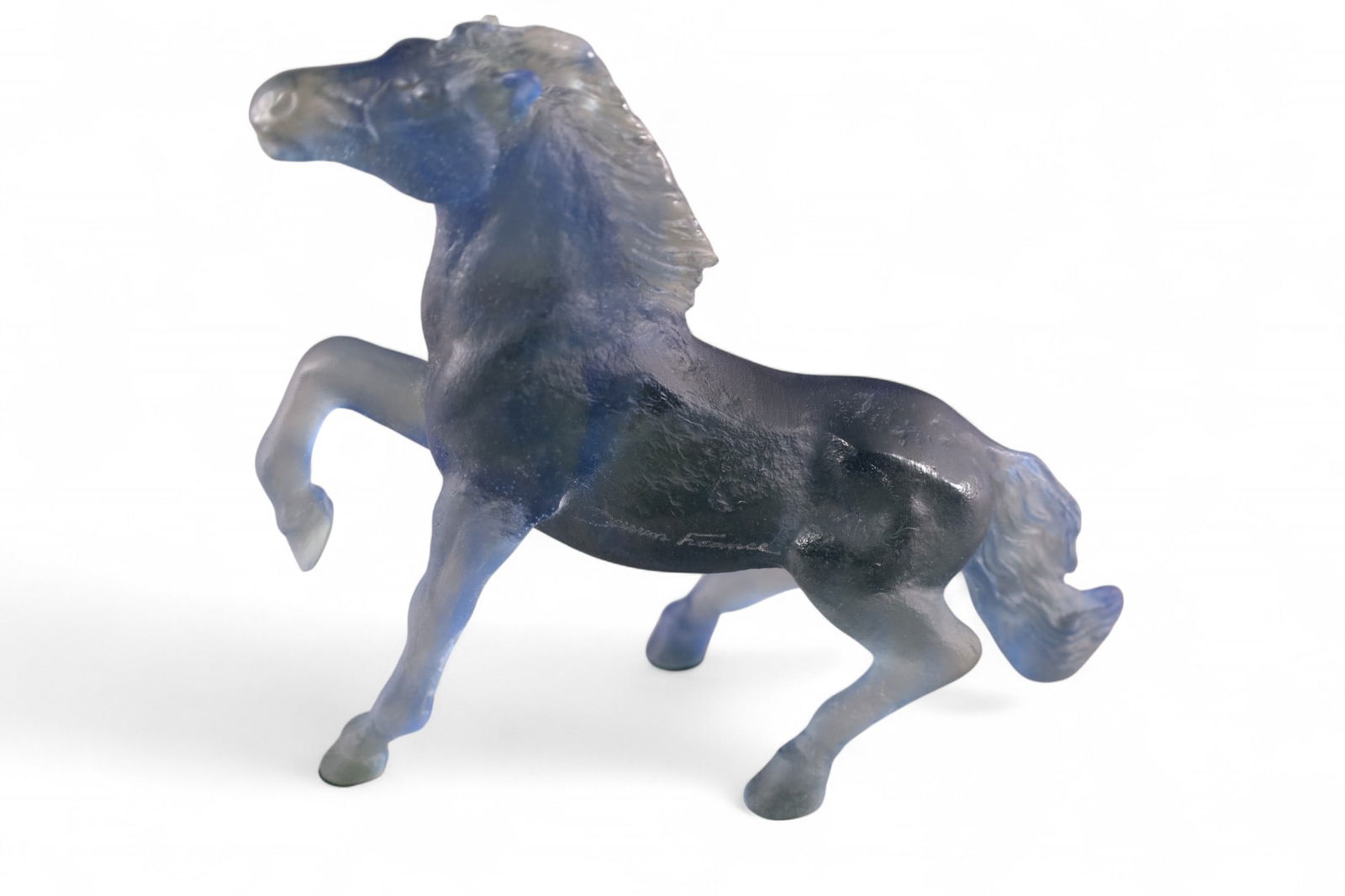DAUM FRANCE HORSE: DAUM FRANCE ART GLASS PATE DE VERRE HORSE, CHEVAL SAUVAGE. 7 1/2" L x 6 1/2" H