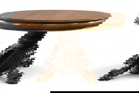 AMERICAN OAK DINING TABLE: LARGE AMERICAN OAK CAVRED DINING ROOM TABLE, IN THE STYLE OF RJ HORNER. LARGE CLAW FOOT. NO LEAVES. MINOR WEAR TO FINISH. 52" DIAM x 30" H. THIS ITEM EXCEEDS SIZE OR WEIGHT LIMITATIONS FOR IN HOUSE SH