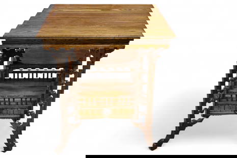 AMERICAN OAK LAMP TABLE: AMERICAN OAK STICK AND BALL LAMP TABLE WITH LOWER DRAWER. 28" x 28" x 30" H. THIS ITEM EXCEEDS SIZE OR WEIGHT LIMITATIONS FOR IN HOUSE SHIPPING, MUST BE PICKED UP IN HOUSE OR SHIPPED VIA 3rd PARTY SHI