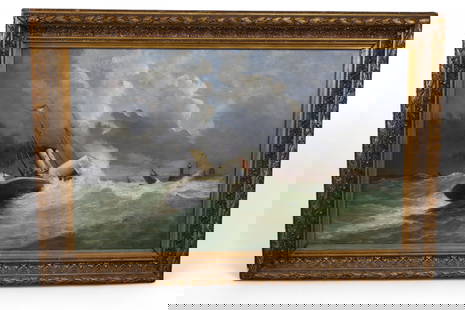 LARGE ANTIQUE E. MAILLARD SHIP SCENE PAINTING: LARGE OIL ON CANVAS, SIGNED LOWER RIGHT, EMILE MAILLARD. LARGE SHIP AT SEA PAINTING, IN LARGE GILT FRAME, 59" x 37" IMAGE SIZE / 71" x 48" IN FRAME. THIS ITEM EXCEEDS SIZE OR WEIGHT LIMITATIONS FOR IN
