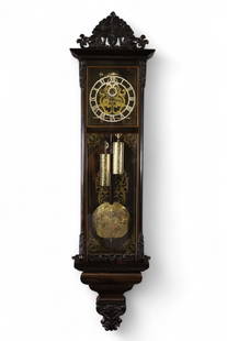 UNUSUAL REGULATOR SKELETON WALL CLOCK: TWO WEIGHT ROSEWOOD CASE, VIENNA REGULATOR WALL CLOCK WITH BRASS INLAID CASE. SKELETON CLOCK FACE. WITH KEY AND PENDULUM. 13" x 51" ALL CLOCKS ARE SOLD AS IS, UNSERVICED, WE DO NOT GUARANTEE WORKING O