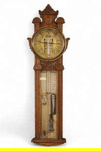 TORICELLI BAROMETER: 19th C TORICELLI BAROMETER, IMPROVED BAROMETER IN OAK CASE, 48" H. THIS ITEM EXCEEDS SIZE OR WEIGHT LIMITATIONS FOR IN HOUSE SHIPPING, MUST BE PICKED UP IN HOUSE OR SHIPPED VIA 3rd PARTY SHIPPER.