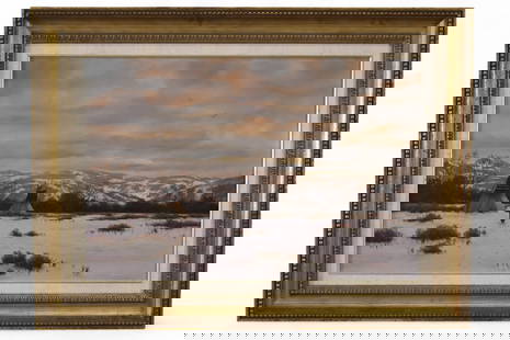HEINIE HARTWIG OIL PAINTING: OIL ON BOARD, SIGNED LOWER RIGHT, NATIVE VILLAGE WINTER LANDSCAPE OIL PAINTING. 30" x 20" IMAGE SIZE / 38" x 28" IN FRAME.