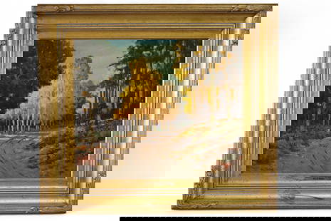 WILLIAM KREM OIL PAINTING: OIL ON BOARD, SIGNED LOWER LEFT, W. KREM. TITLED FRIENDLY GUARDIANS OF THE WAY. IN GILT FRAME. 24" x 20" IMAGE SIZE / 33 1/2" x 29 1/2" IN FRAME