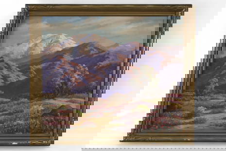 JOHN ANTHONY CONNOR OIL PAINTING: OIL ON CANVAS, SIGNED LOWER LEFT, TITLED SAND VERBENAS MT. SAN JACINTO, NEAR PALM SPRINGS CA. SOME PAINT LOSS TO FRAME. SCRATCHES TO CANVAS. 30" x 25" IMAGE SIZE / 35" x 30" IN FRAME.