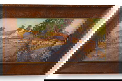 PAUL KRATTER OIL PAINTING: OIL ON BOARD, SIGNED LOWER LEFT, BARN LANDSCAPE PAINTING. 25" x 15" IN FRAME