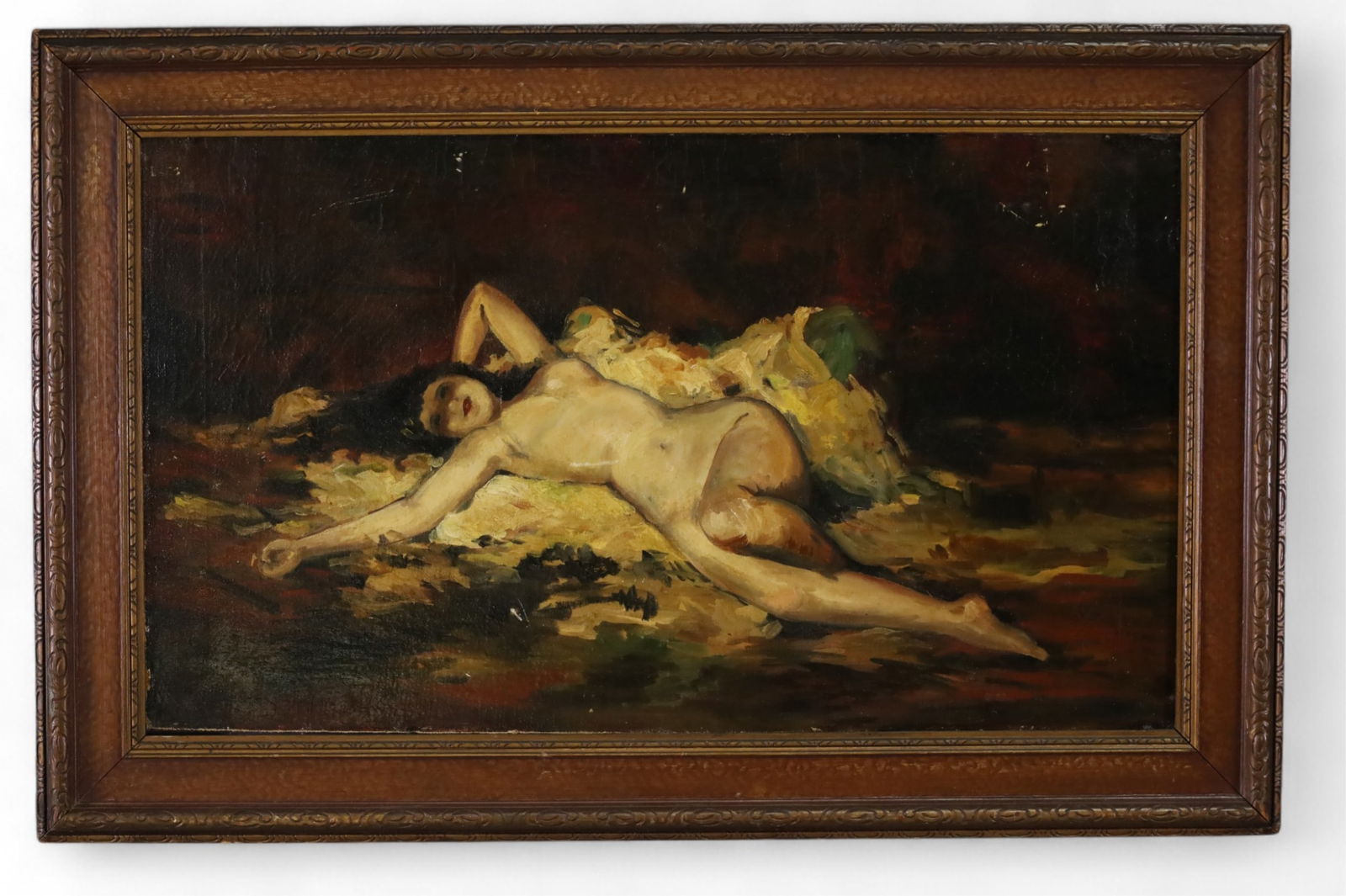NUDE PORTRAIT PAINTING: OIL ON BOARD, UNSIGNED. RECLINING NUDE PORTRAIT PAINTING. 34" x 22" IN FRAME