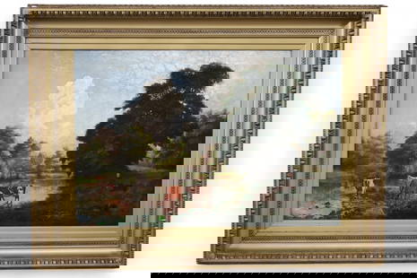 ANTIQUE PASTORAL SCENE PAINTING: OIL ON CANVAS, SIGNED LOWER RIGHT, EDWIN BOTTOMLEY. OLD RELINE. 36" x 24" IMAGE SIZE / 47" x 36" IN FRAME. THIS ITEM EXCEEDS SIZE OR WEIGHT LIMITATIONS FOR IN HOUSE SHIPPING, MUST BE PICKED UP IN HOUS