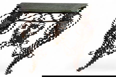 MARBLE TOP IRON BASE CONSOLE TABLE: DECORATIVE IRON BASE MARBLE TOP CONSOLE TABLE, FLORAL DECORATED. RUST. 33" W x 16" D x 30" H. THIS ITEM EXCEEDS SIZE OR WEIGHT LIMITATIONS FOR IN HOUSE SHIPPING, MUST BE PICKED UP IN HOUSE OR SHIPPED