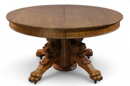 HIGHLY CARVED AMERICAN OAK DINING TABLE