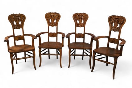 SET OF 4 CARVED AMERICAN OAK ARMCHAIRS