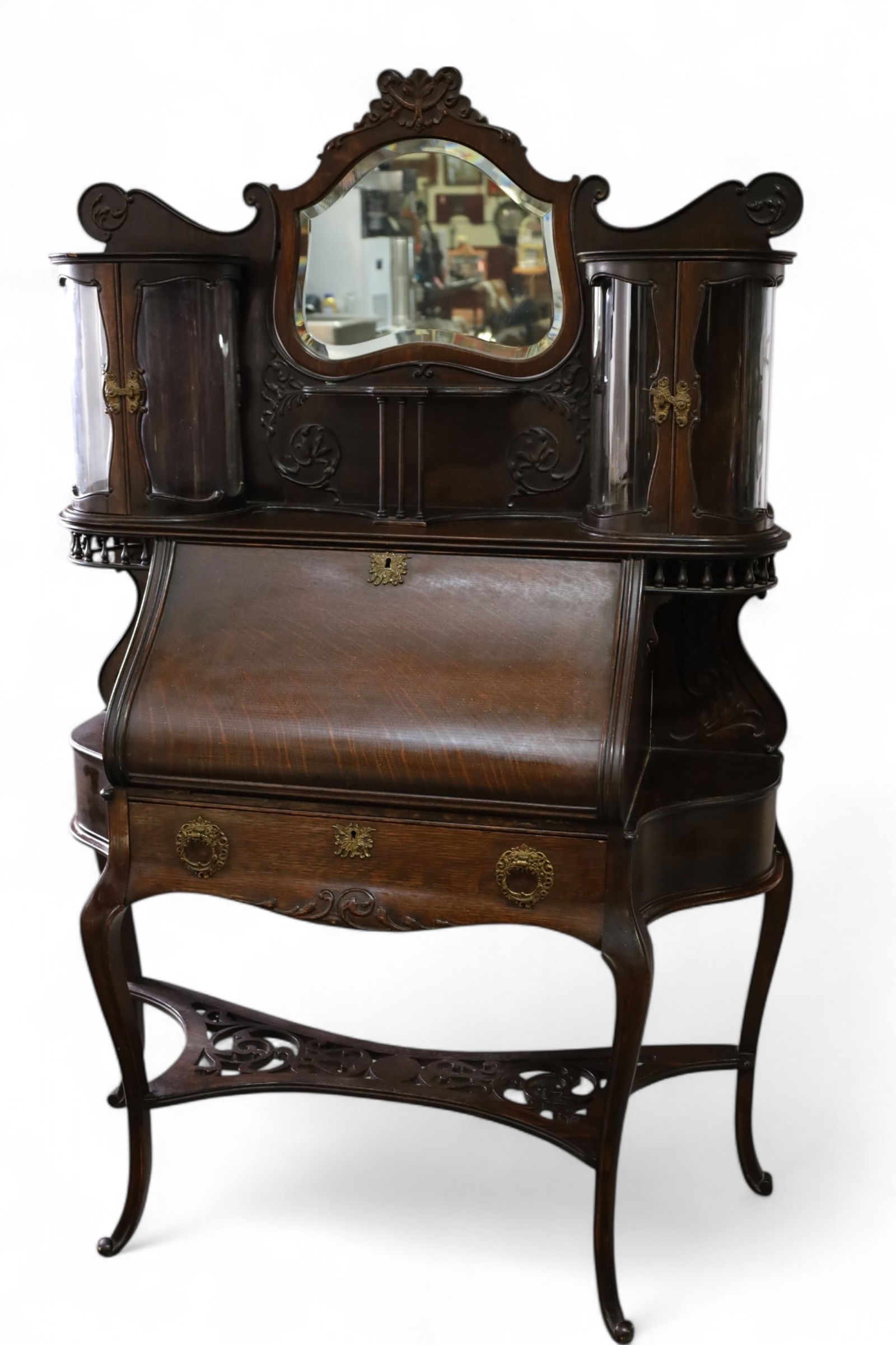 ORNATE AMERICAN OAK DROP FRONT SECRETARY (1 of 7)